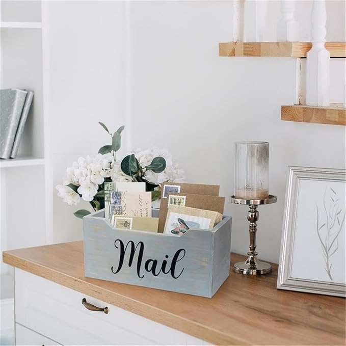 Elegant Designs HG2010-GMB Rustic Farmhouse Wooden Tabletop Black Script Word Mail Organizer Box, Letter Holder Office Accessories Décor, Gray Wash