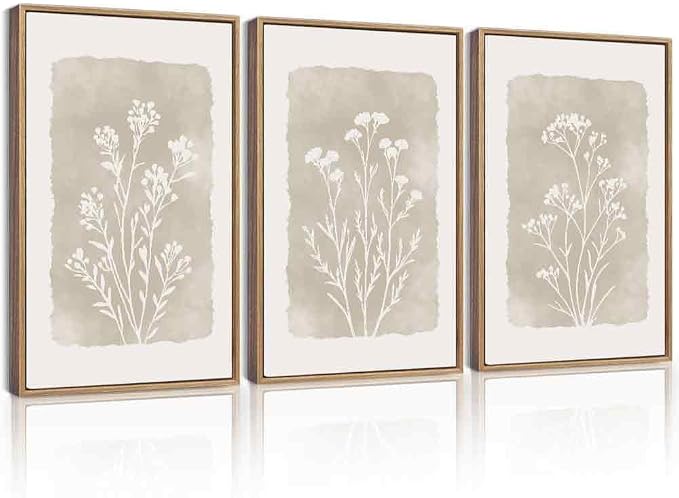 KUVIOKE Boho Botanical Flower Framed Wall Art Farmhouse Vintage Floral Wall Painting Rustic Wildflower Neutral Prints for Living Room Bedroom 16x24in (Natural Framed)