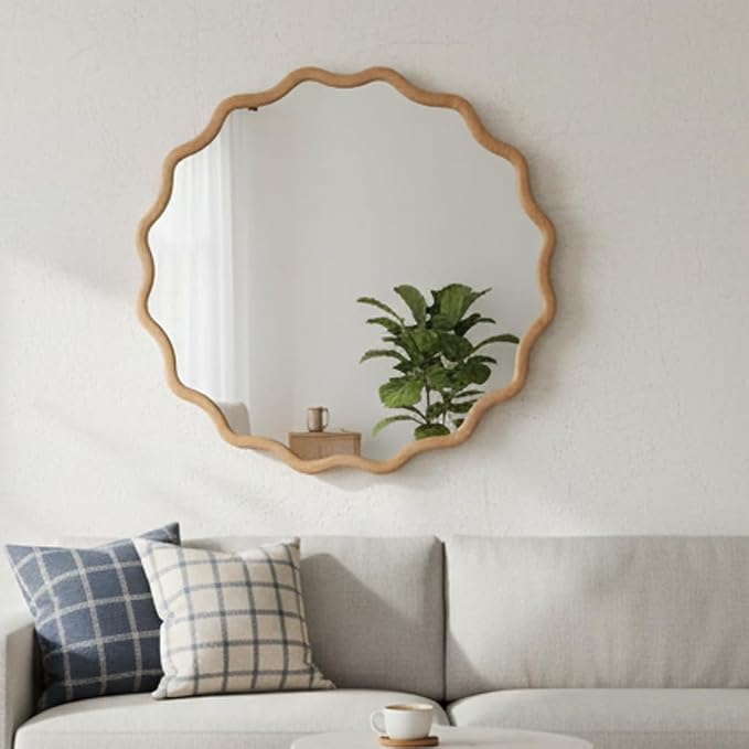 24" Wavy Round Solid Wood Frame Decorative Mirror, for Bedroom, Bathroom, Living Room, Entryway, HU26052223 (Wood)