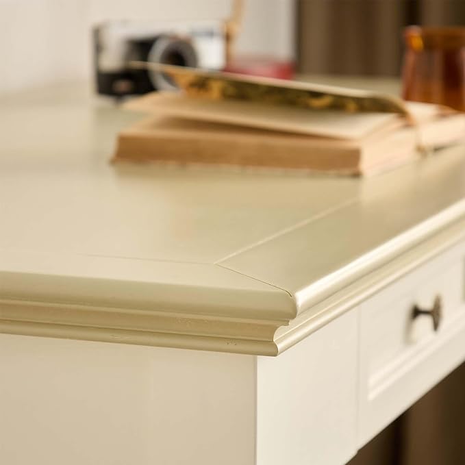 Beige Writing Desks with Drawers, 47" Solid Wood French Country Style Computer Table for Home Office, Living Room Study or Workspace