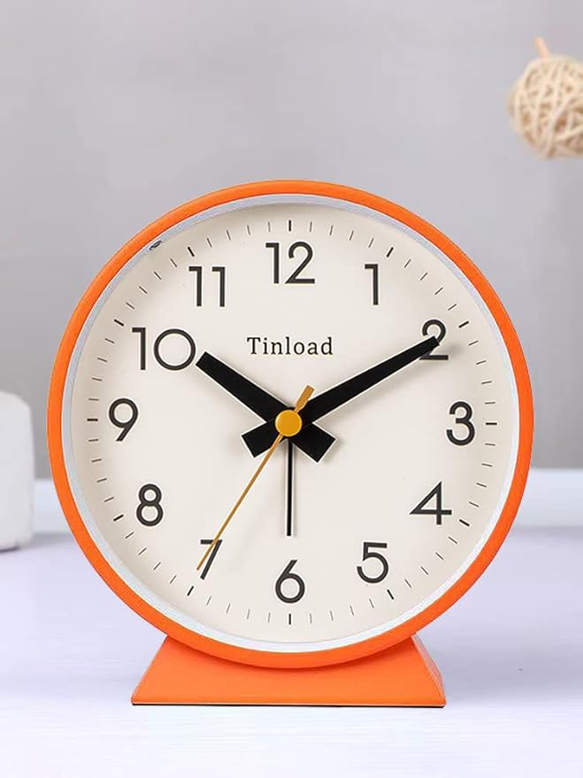 Tinload 4.5" Battery Operated Antique Retro Analog Alarm Clock, Small Silent Bedside Desk Clock, Lighted on Demand, Battery Operated, Snooze, for Living Room, Bedroom, Bedside, Desk(Orange)