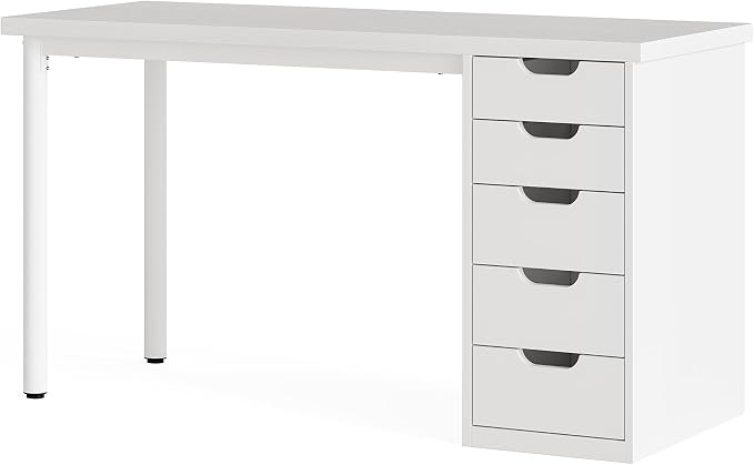 LITTLE TREE Computer Desk with 5 Drawers, 47 Inch White Modern Simple Study Writing Desk with Metal Frame, Work Desk for Home Office