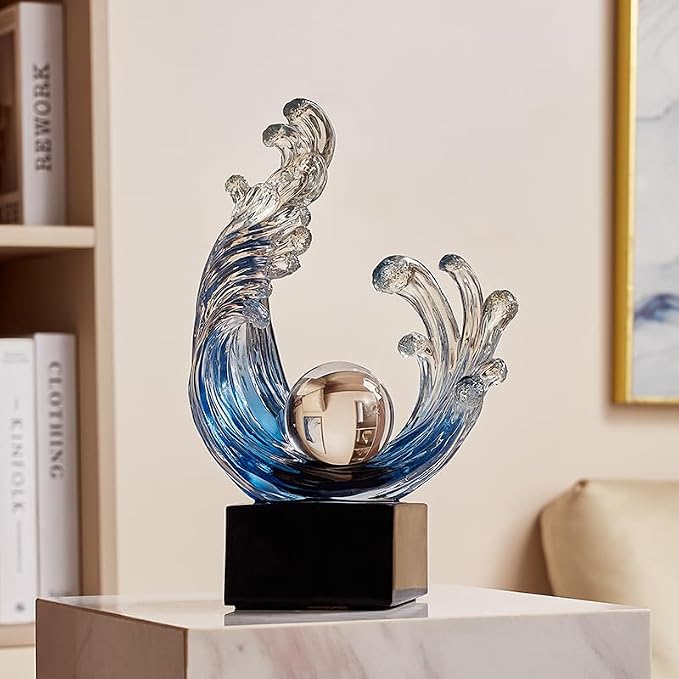 Modern Abstract Decorative Wave Statue, Blue Abstract Art Home Decor,Crystal Ball Art Wave Resin Sculpture, Office Desk Stand, Dining Table Center Decorative Aesthetics (A,Navy-Blue)