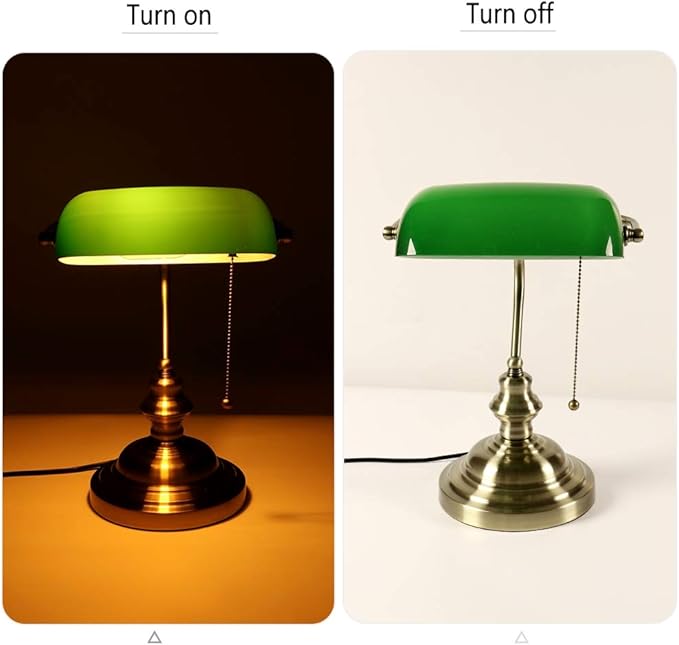 FIRVRE Bankers Desk Lamp, Green Glass Shade, Antique Desk Lamps with Brass Base, Vintage Library Lamp with Pull Chain, Retro Table Lamps for Home Office, Study Room (LED Bulb Included)