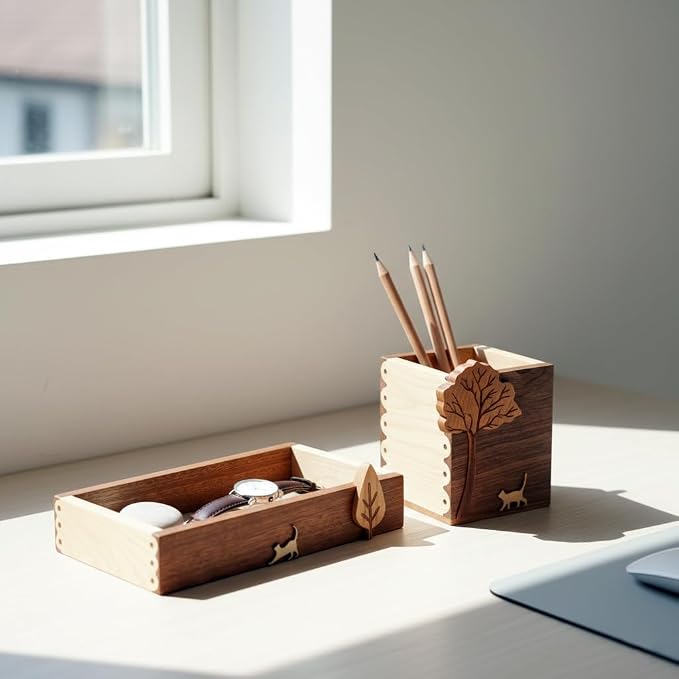 Wooden Desk Tray with Pen Holder Set Natural Wood Office Desk Pencil Pen Cup Holder Paper Clip Storage Sticky Note Holder Organizer Tray for Keys Pen Watch