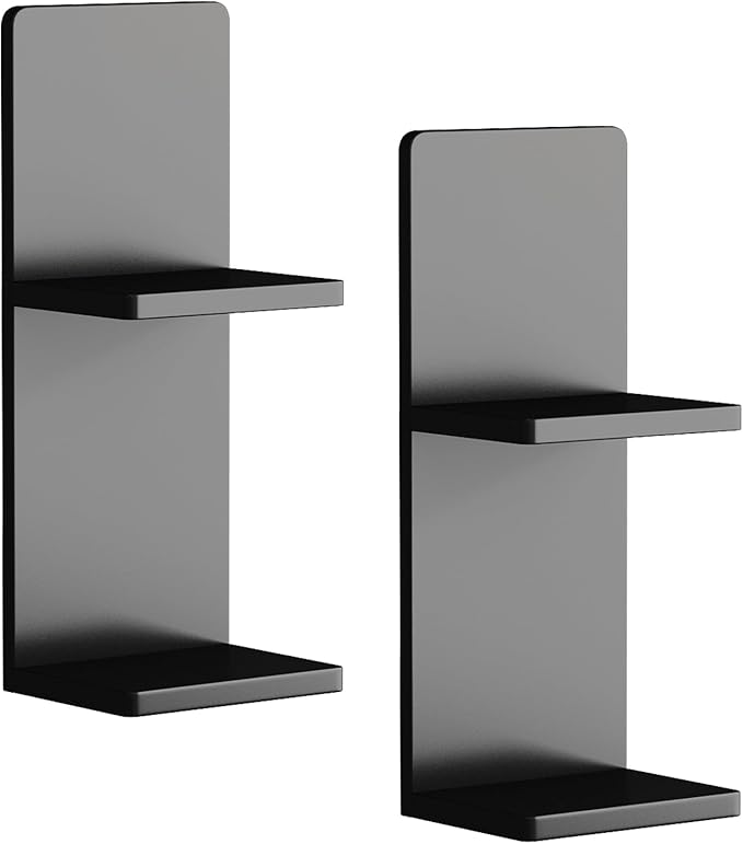 Floating Wall Shelves Set of 2, Black Solid Wood Double Layer Wall Mounted Shelf, 20 x 8 x 6 Inches, Modern Storage for Bedroom, Bathroom, Kitchen, Home Decor, Plants & Cosmetics