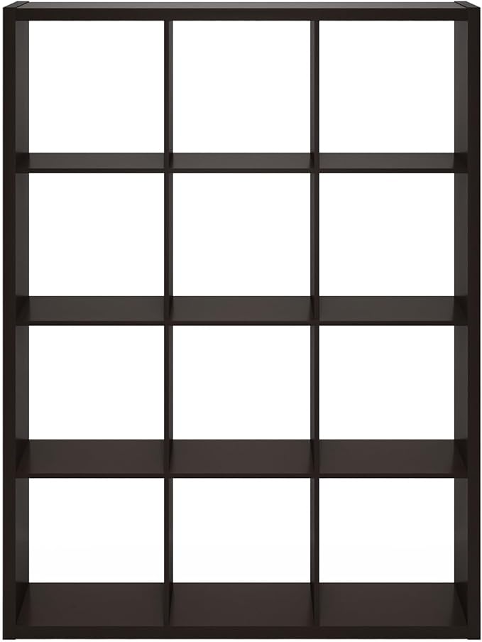 Furinno Cubicle Book Shelf, 12-Cube Bookshelf, Extra Thick Frame Reversible Bookcase with Open Back, 14.6" x 44" x 58", for Living Room, Bedroom, Home Office, Black Dark Oak