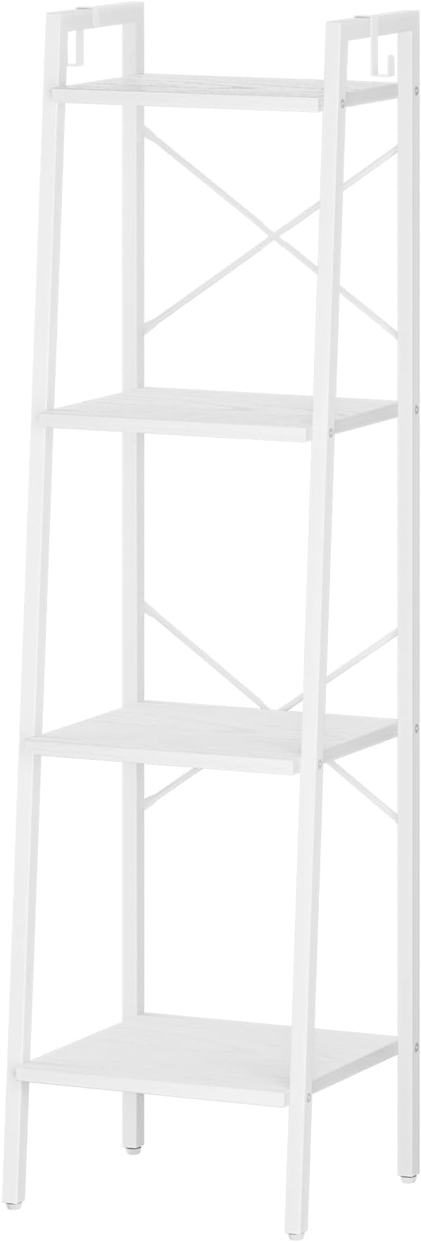 Hzuaneri Ladder Shelf, Bookshelf Bookcase, Freestanding Corner Storage Shelve with 2 Hooks for Home Office, Living Room, Kitchen, Bedroom, Industrial, 4-Tier White BC13213W