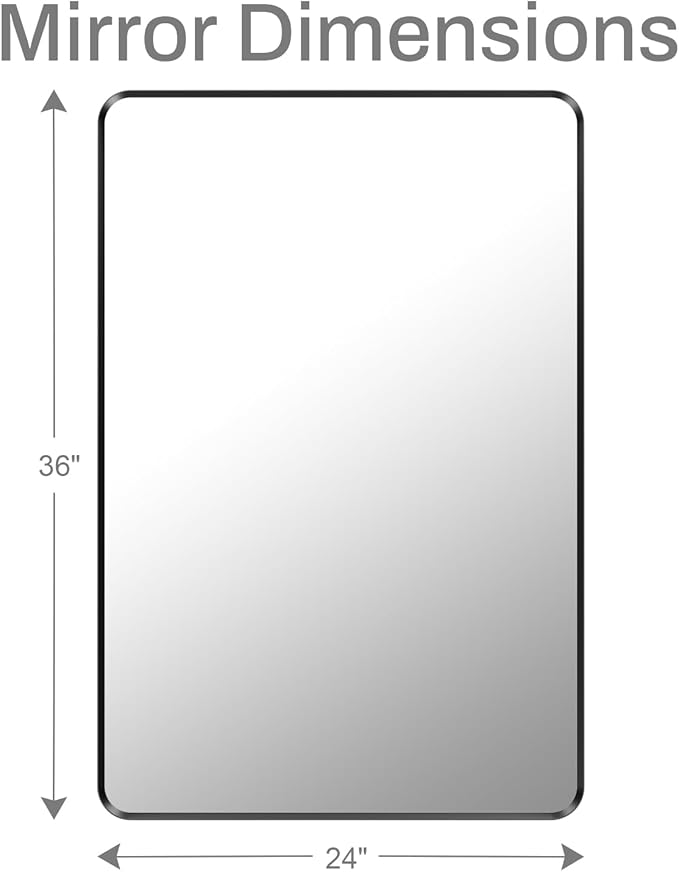 24x36 inch Black Bathroom Mirror, Metal Framed Rounded Rectangle Wall Mount Vanity Mirror, HD Tempered Glass, Aluminum Frame, Horizontal or Vertical Hanging, Modern Home Decor