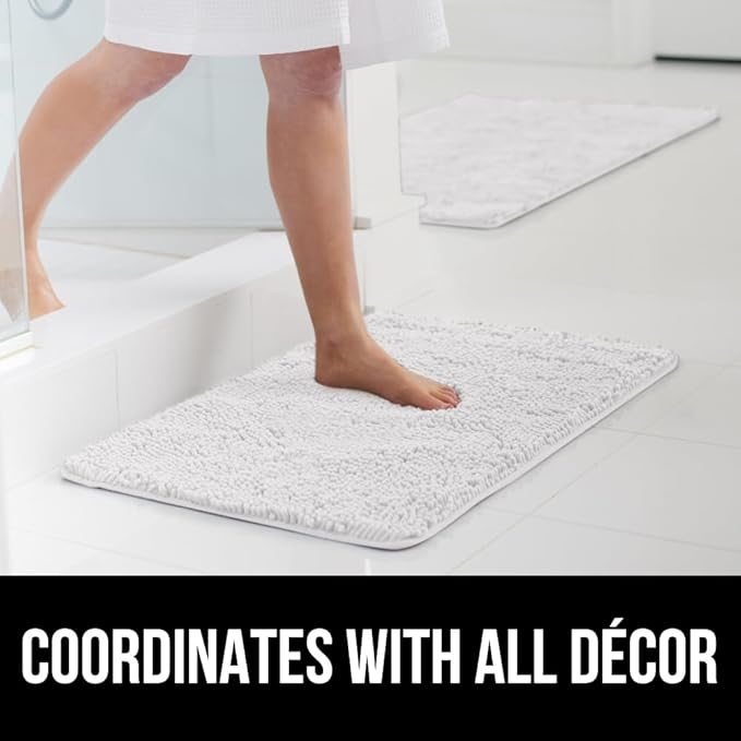 GORILLA GRIP Bath Rug Mat 54x24, Thick Soft Absorbent Chenille, Quick Dry Microfiber Mats, Rubber Backing Washable Shower Floor Rugs, Bathmat Runner, US Designed Bathroom Home Decor Accessories White