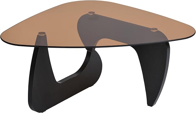 43.3'' Modern Brown Glass Coffee Table with Geometry Base, Triangle Shape Coffee Table for Living Room Office, Black Finish Wood Base, Mid-Century Style Cocktail Center Table for Small Space