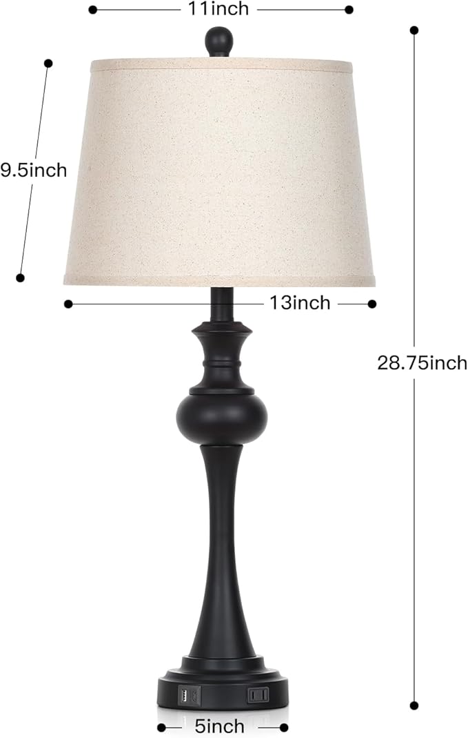 28.75 " 3-Way Touch Control Modern Table Lamp Set of 2 for Living Room , Bedside Lamp with USB A+C Ports, Mid Century Black Table Lamps, Nightstand Lamps Set ,Beige Fabric Shade Vintage Accent Style