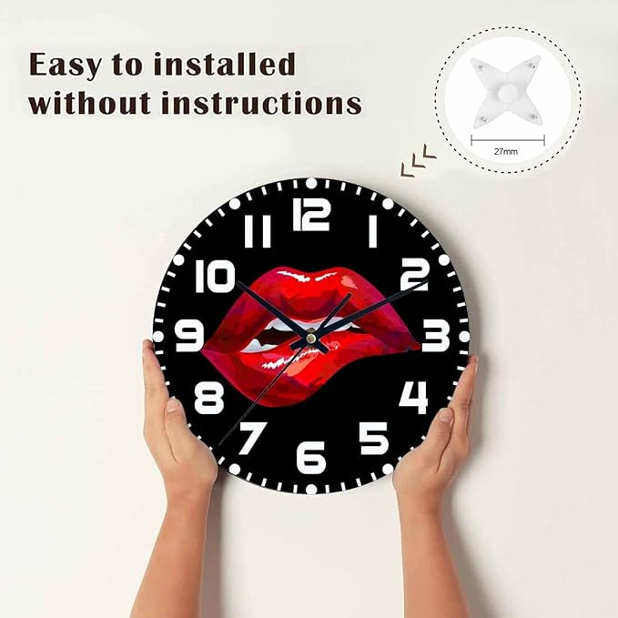 Red Lips Wall Clock Sexy Biting Lips on Black Background Battery Powered Wall Clock Silent Non Ticking 10 Inch for Living Room, Kitchen, Home,Bathroom, Bedroom