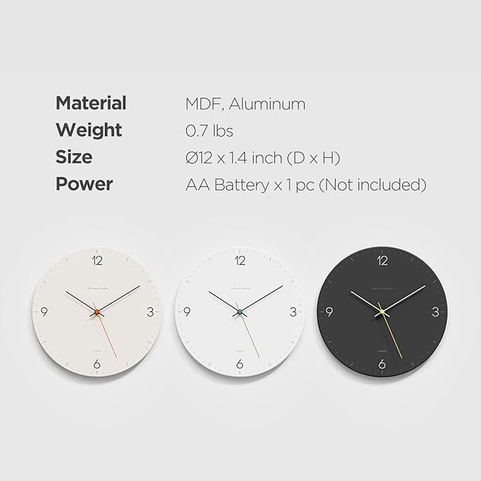 mooas Flatwood Wall Clock,12" Non-Ticking Sweep Movement Decorative Battery Operated Wall Clock for Home Living Room Kitchen Bedroom Office School (Simple White)