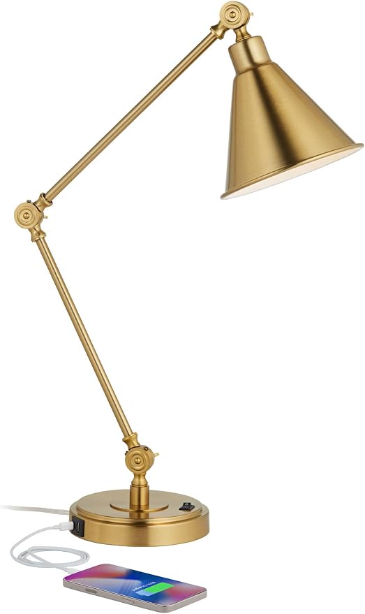 360 Lighting Wray 26 3/4" High Modern Desk Lamp with USB Charging Ports A+C Warm Brass Gold Metal Adjustable Arm Head for Bedroom Living Room House Bedside Home Office Reading Family