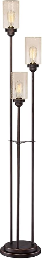 Franklin Iron Works Libby Modern Industrial Tree Floor Lamp Standing with USB Charging Port 66" Tall Oiled Bronze Metal 3-Light Amber Seedy Glass for Living Room Reading Bedroom Office House Home