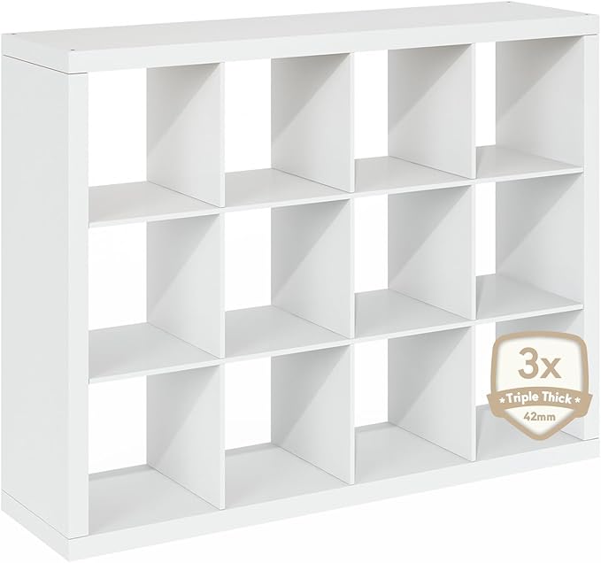 Furinno Cubicle Book Shelf, 12-Cube Bookshelf, Triple Thick Frame Cube Storage Organizer, 1.65" Thick Bookcase, 15.4" x 57.4" x 43.4", for Home Office, Living Room, Plain White
