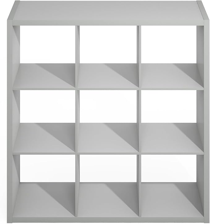 Furinno Simple Cube Storage Organizer, 9-Cube Display Shelf, Open Back Shelving Unit, Storage Shelves, Extra Thick Frame, for Organization and Storage, Living Room, Home Office, Light Grey