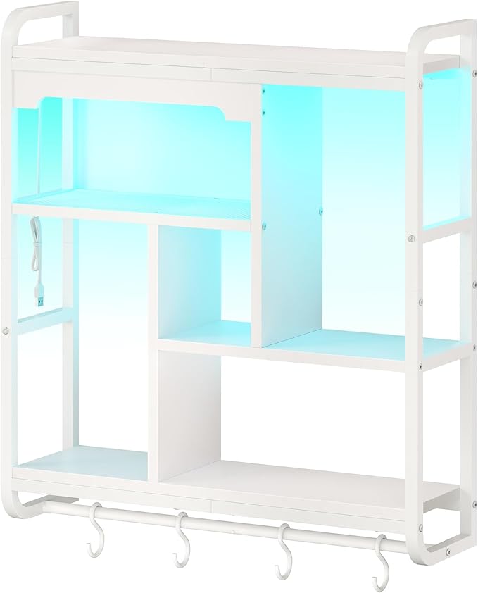 HOOBRO Gaming Floating Shelves with LED Lights, 26.4" LED Wall Mounted Shelf, Modern Corner Shelf 3-Tier Display Rack for Wall Storage, Arched Design, for Kitchen, Living Room, Study, White WT44DBJ01
