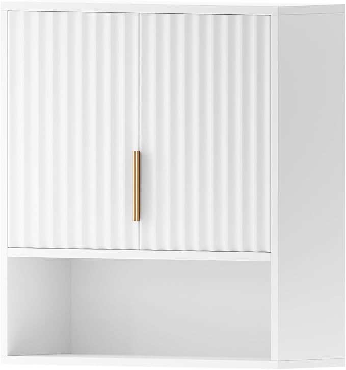 VINGLI White Bathroom Wall Cabinet, Modern Fluted Medicine Cabinet with Gold Handles, Wall Mounted Storage Over Toilet with Adjustable Shelf, Soft Close Hanging Organizer for Kitchen, Laundry Room