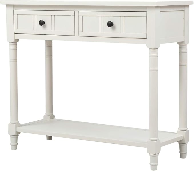 35.43” Console Table with Drawers & Bottom Open Shelf, Rustic Entryway Table with Storage, Ivory White