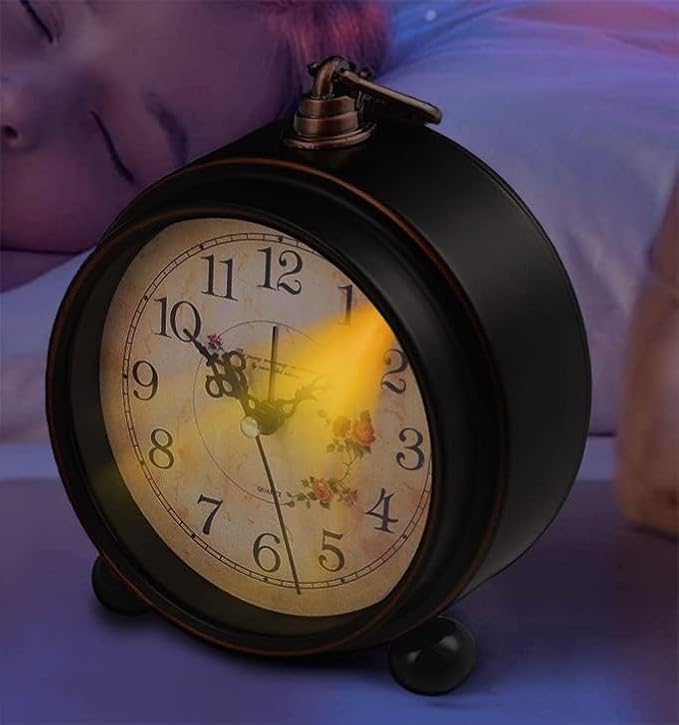 Vintage Analog Alarm Clock, 5.25 inch Small Silent Desk Clock with Night Light, Battery Operated for Table, Bedroom, Bedside, Living Room, Gift Clock (Flower)