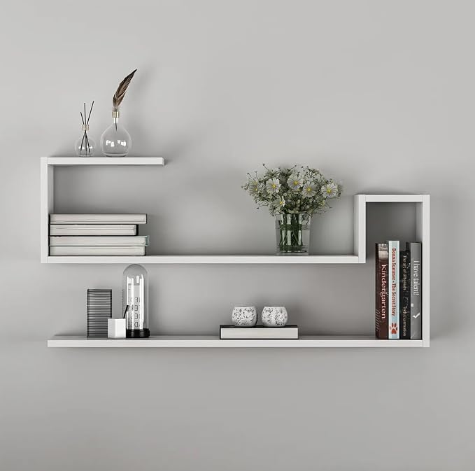 Geometric Wall Shelf: Modern MDF Floating Bookshelf (White)