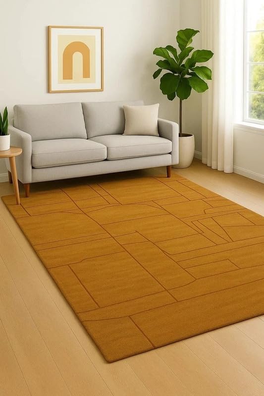 Handmade Wool Area Rug 6x8 ft (72x96 inches), Mustard Abstract Geometric Rug, Modern Minimal Line Pattern Carpet for Living Room Bedroom