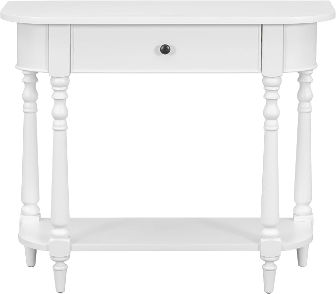 Retro Curved Console Table, 36" Solid Wood Half Moon Console Table Sofa Table Entryway Table with 1 Drawer 1 Open Shelf Roman Legs Curved Corners for Living Room,Entryway,Hallway,White