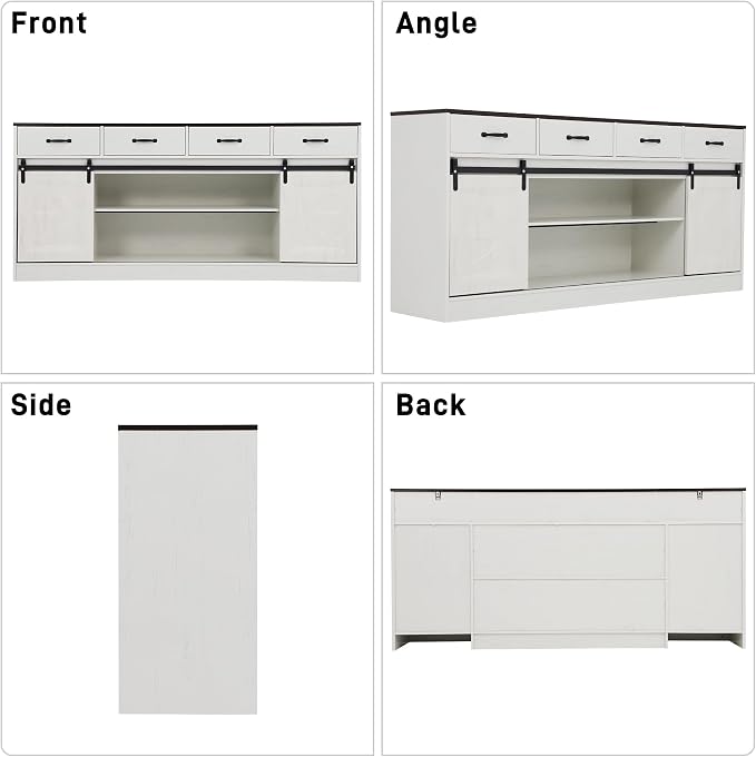 70” Large Buffet Sideboard Cabinet w/4 Drawer,Farmhouse Coffee Bar Cabinet Buffet with Storage,Sliding Door,Long Kitchen Buffet Table,Kitchen Sideboard Storage Cabinet,Credenza for Dining Room,White