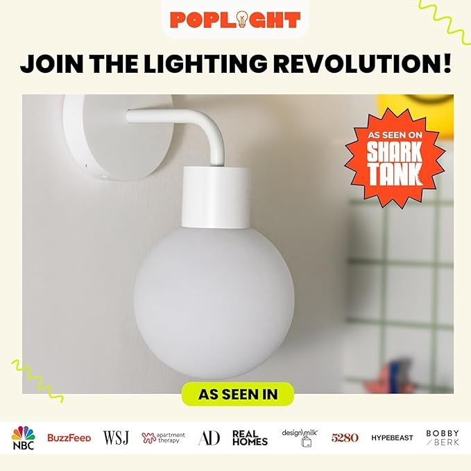 Wireless Wall Sconce (Shark Tank) Rechargeable & Dimmable LED Light w/App Control & Damage-Free Install, Moveable Modern Ambient Lighting for Elegant Home & Bedroom Decor | Popwhite