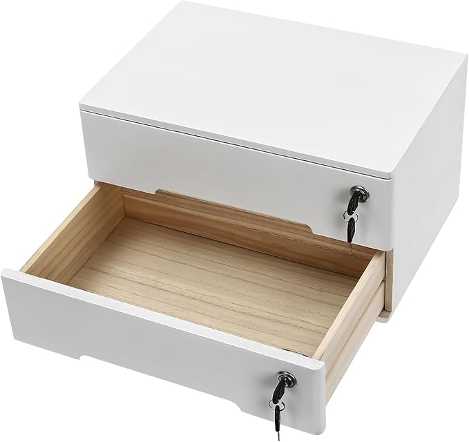 Desktop File Organizer with Lock, 2/3/4 Tier Multi-Drawer Wooden Storage Cabinet, Office Supply Organizer for Home Desk, Study & Workplace (White, 2 Layers)