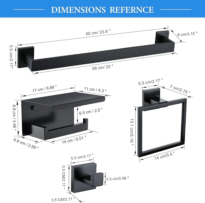 6-Piece Black Bathroom Hardware Set 23.6 Inch Towel Bar Set Double Towel Bar Towel Ring Coat Hook and Toilet Paper Holder with Shelf Wall Mounted Stainless Steel Bathroom Accessories Set