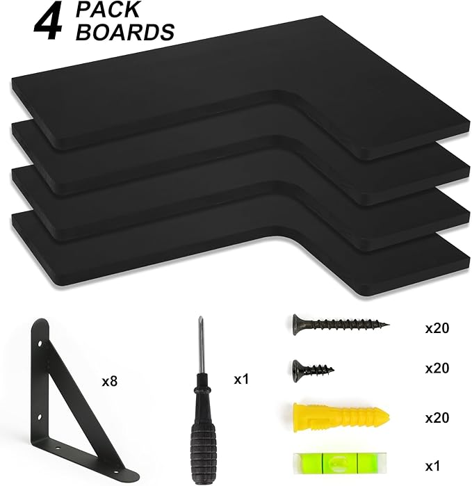 YGEOMER Corner Floating Shelves, Wall Mounted Corner Shelf for Bathroom, Kitchen, Bedroom, Home Decor, Laundry Room, Living Room(Set of 4 Black)