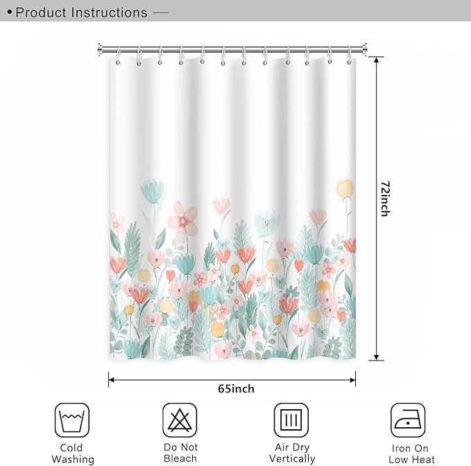 Nature Flower Shower Curtain for Bathroom Blue and Pink Floral Wild Grass Botanical Shower Curtain Modern Aesthetics Washable Polyester Durable Fabric Shower Curtain with Hooks, 65x72 Inch