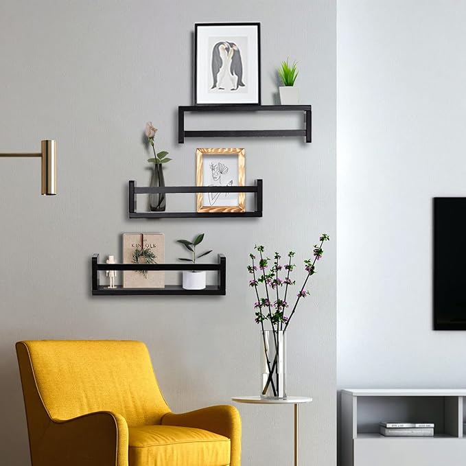 AZSKY Black Nursery Shelves 16 Inch Set of 3 Wooden Floating Wall Bookshelf for Kids Nursery Shelves for Wall,Bathroom Living Room Décor Kitchen Spice Rack
