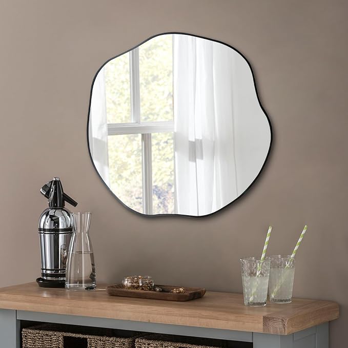 POZINO Irregular Wall Mirror, 25" Asymmetrical Frameless Mirrors, Scalloped Rounded Mirror, Organic Shaped Mirrors for Living Room Bedroom Entryway Fireplace, Horizontal or Vertical Hanging