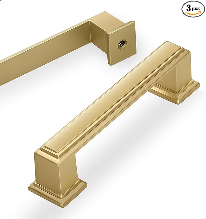 Lardmon 3 Pack 3.75 Inch(96mm) Hole Center Brushed Gold Modern Cabinet Pulls Kitchen Cabinet Handles Kitchen Cabinet Hardware Timeless Drawer Pulls for Dresser Cupboard Wardrobe, B-Gold(3.75x3)
