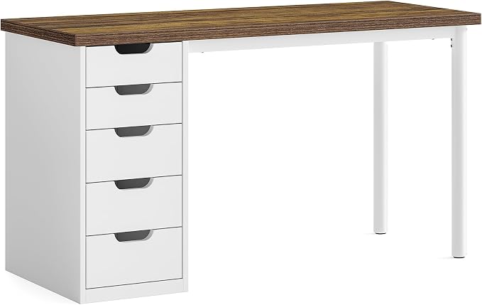 LITTLE TREE Computer Desk with 5 Drawers, 47 Inch Modern Simple Study Writing Desk with Metal Frame, Work Desk for Home Office, Rustic Brown and White