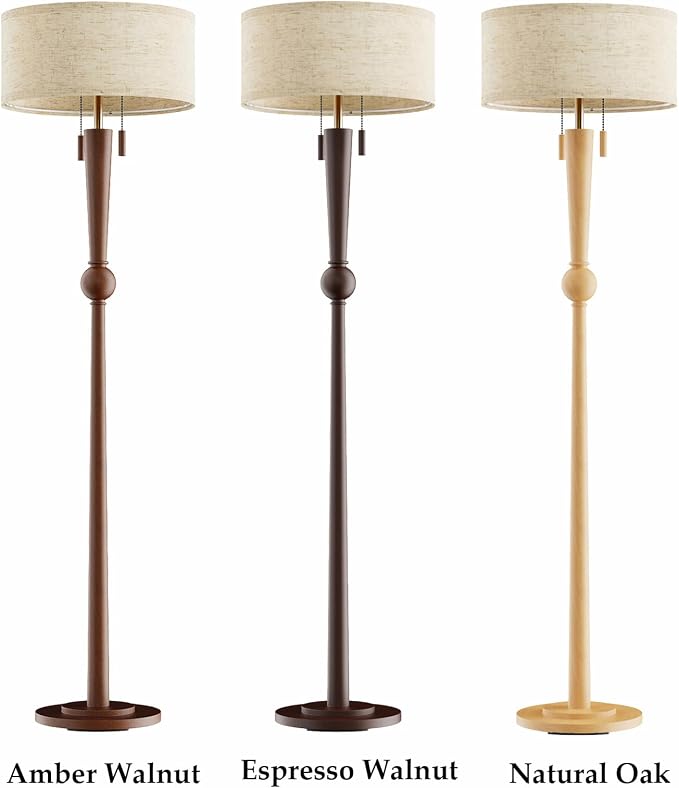 MOFFE 62.8" Solid Wood Floor Lamp,Tall Standing Floor Lamp with 2-Light Pull Chain, 17" Linen Drum Shade, Sculptural Wood Base & Stem,Transitional Floor Lamp for Living Room Bedroom, Includes 2 Bulbs
