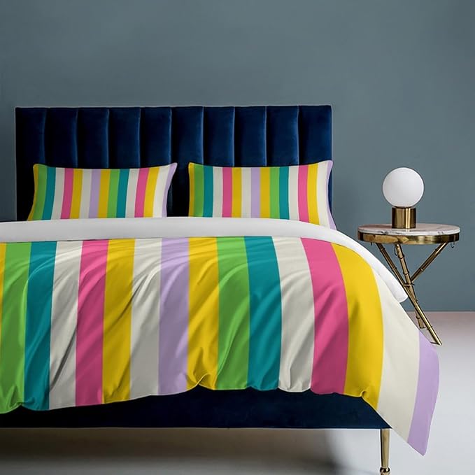 Rainbow Duvet Cover Set, Rainbow Lines Pattern Spectrum of Colors Abstract Art Decorative,Aesthetic Abstract Art Bedding 3 Piece (1 Duvet Cover 86"x70" + 2 Pillow Sham 20"x30")