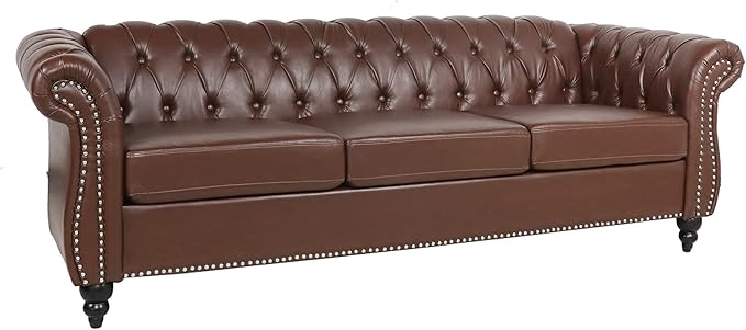 LEVNARY Chesterfield Sofa, Classic Tufted Upholstered Leather Couch, Modern 3 Seater Couch Furniture with Tufted Back for Living Room Office (Dark Brown)