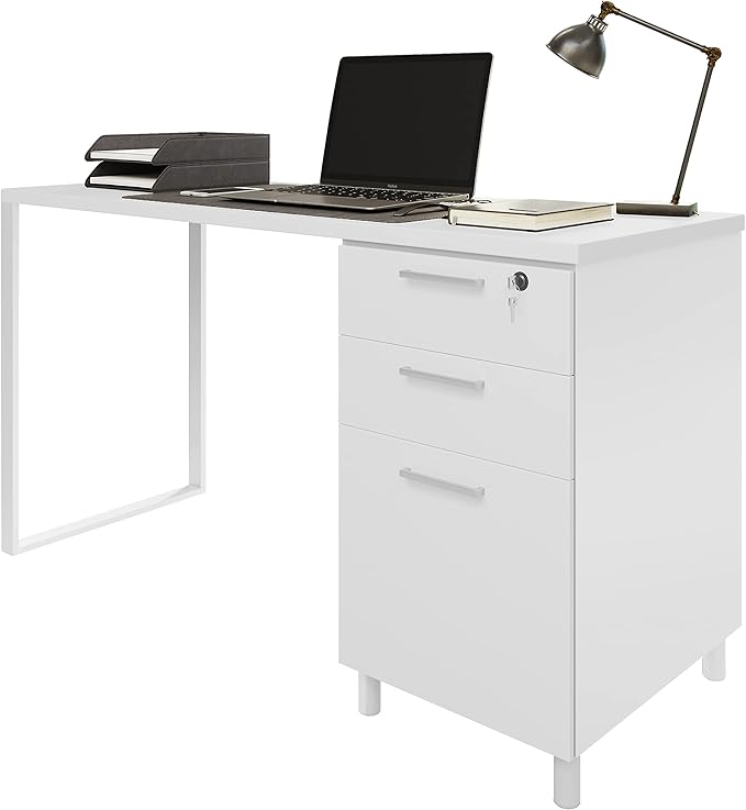 Modern Design Milano Office Desk with 3 Locking Drawers, 48 Inch White Industrial Wood Desk with Filing Drawer and Storage, by Crafts and Comfort
