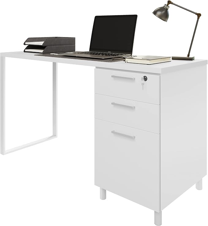 Modern Design Milano Office Desk with 3 Locking Drawers, 48 Inch White Industrial Wood Desk with Filing Drawer and Storage, by Crafts and Comfort
