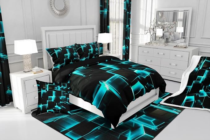 Erosebridal Modern Kids Comforter Set, 3D Plaid Square Print Twin Size Bed Set for Teen Boys, Black and Teal Soft Microfiber Bedding Sets for All Seasons, 2 Piece