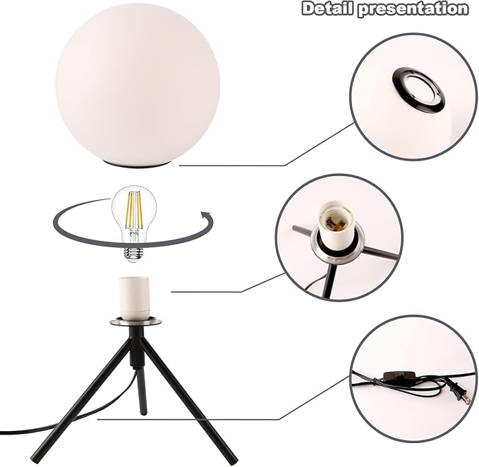 Modern Black Globe Table Lamp, Mid Century Small Bedside Lamp, Opal Glass Ball Lamp with Metal Tripod Base, Cute Nightstand Lamp Minimalist Desk Lamp for Bedrooom Living Room Office Study