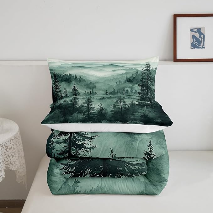 Erosebridal Green Misty Forest Comforter Set King Jungle Smoky Mountain Bedding Set for Kids Boys Girls Pine Tree Fog Magic Comforter Rustic Nature Woodland Quilt Duvet