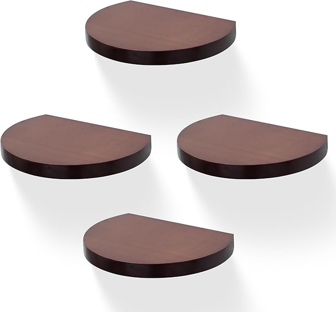 Small Wood Floating Shelves (4-Pack, 6-inch Diameter) - Round Sturdy Invisible Wall Mount Display for Small Plants,Toys,Bathroom,Living Room Storage & Modern Rustic Décor (Dark Walnut)