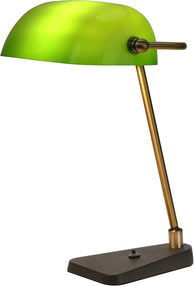 Green Bankers Desk Lamp, Antique Brass Frame & Black Base | 2.9lb Heavy Duty Cast Iron Base, 30° Swivel Head, Push Button Switch, Classic Decor for Home & Office