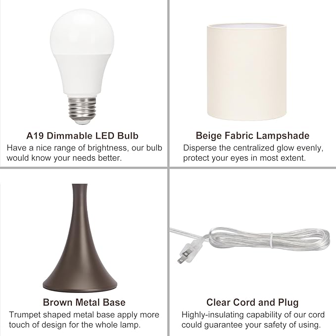 3 Way Touch Control Table Lamp, Modern Bedside Lamp Dimmable Nightstand Lamp with Beige Shade and Dark Brown Base, Small Desk Lamp for Living Room, Dorm, Home Office, 9W LED Bulb Included